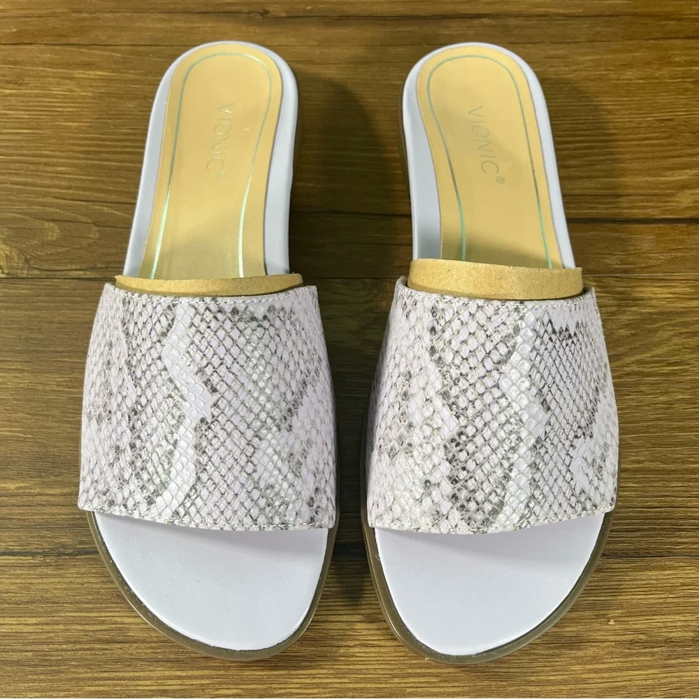 VIONIC Demi Purple Leather Slides Sandals Slip-On Shoes Snakeskin Women’s NEW‎